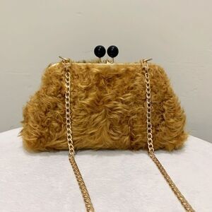 Handmade Real Curly Shearling Kisslock Clutch/Shoulder Bag/Crossbody & 2 Chains